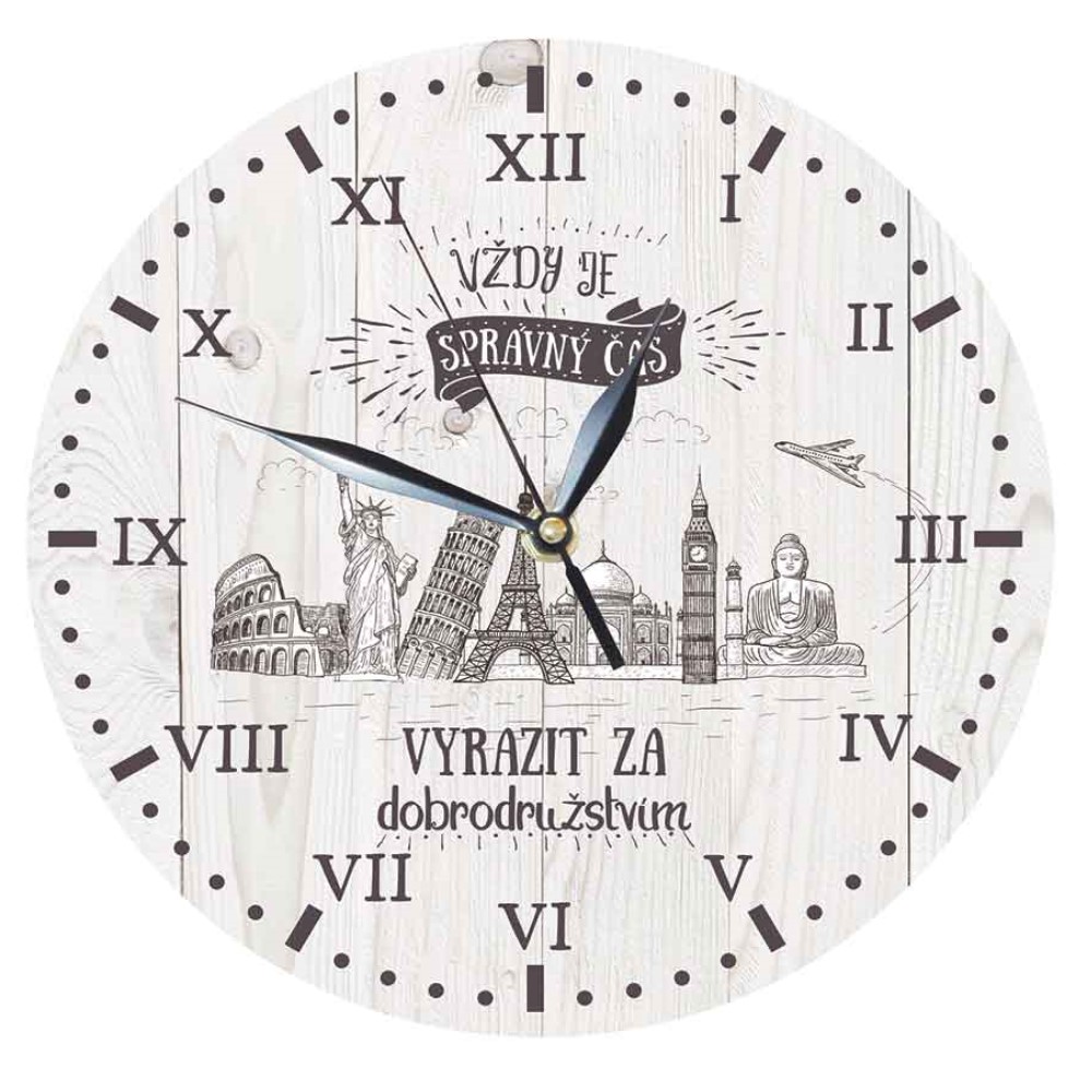 Dřevěné hodiny 24 cm pro cestovatele – vždy je správný čas na dobrodružství